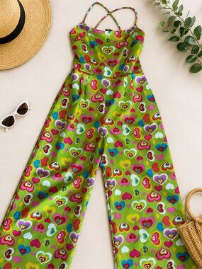Green Multicolor Heart Print Wide Leg Jumpsuit Size Large Y2K Retro